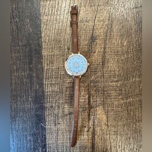Francesca's blue geometric design face/gold accents Cognac Leather Strap Watch